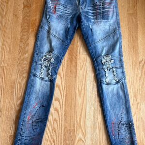 Focus Jeans Mens 32x33 Super Skinny Blue Distressed Paint Splatter EUC